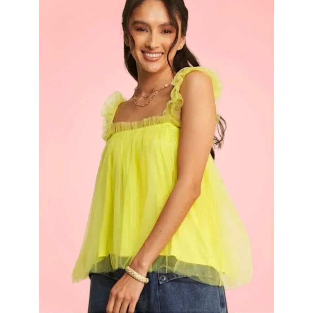 Lemon Yellow Tulle Babydoll Tank Ruffle Strap Mesh Cami Top Davi & Dani NWT